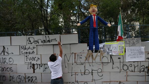Demonstrant ispisuje grafit na simboličnom zidu ispred američke ambasade u Meksiko Sitiju - Sputnik Srbija