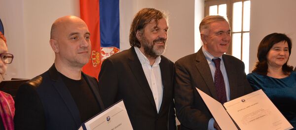 Захар Прилепин и Душан Ковачевић са Емиром Кустурицом. - Sputnik Србија