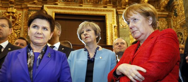 Poljska premijerka Beata Šidlo, engleska premijerka Tereza Mej, i nemačka kancelarka Angela Merkel na Malti - Sputnik Srbija