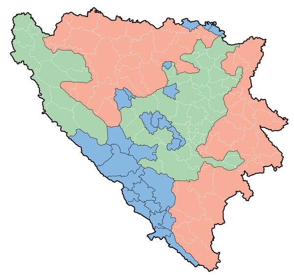 Uređenje BiH na predlog hrvatskih političara (plavo - hrvatski entitet, zeleno - bošnjački, crveno - srpski) Uređenje BiH na predlog hrvatskih političara (plavo - hrvatski entitet, zeleno - bošnjački, crveno - srpski) - Sputnik Srbija