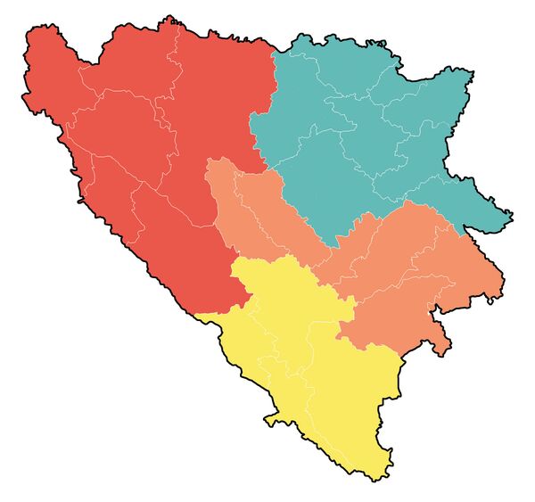 Uređenje BiH na predlog bosanskohercegovačkih biskupa (tirkizno plavo - Tuzlanska regija, narandžasto - Sarajevska regija, crveno - Banjalučka regija, žuto - Mostarska regija) Uređenje BiH na predlog bosanskohercegovačkih biskupa (tirkizno plavo - Tuzlanska regija, narandžasto - Sarajevska regija, crveno - Banjalučka regija, žuto - Mostarska regija) - Sputnik Srbija