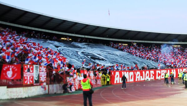 Velika zastava razvijena na tribini stadiona sa motivima dvoglavog orla i medveda - Sputnik Srbija