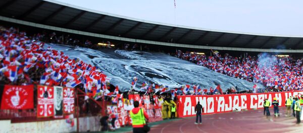 Velika zastava razvijena na tribini stadiona sa motivima dvoglavog orla i medveda - Sputnik Srbija