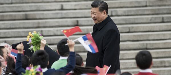 Председника Кине Си Ђинпинга поздрављају са заставама Србије и Кине - Sputnik Србија