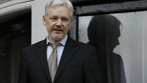 Оснивач Викиликса Џулијан Асанж на балкону амбасаде Еквадора у Лондону - Sputnik Србија