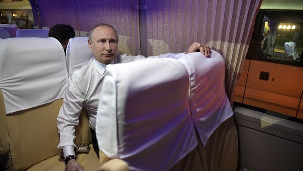 Predsednik Rusije Vladimir Putin u avionu - Sputnik Srbija