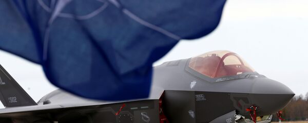 Zastava NATO-a ispred američkog lovca F-35A Lajtning u vojnoj bazi u Estoniji - Sputnik Srbija