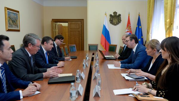 Premijer Aleksandar Vučić na sastankiu sa predsedavajućim Komiteta Državne dume RF za međunarodna pitanja Leoinidom Sluckim - Sputnik Srbija
