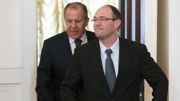 Ministri spoljnih poslova Rusije i Hrvatske Sergej Lavrov i Ivo Štir pre sastanka u Moskvi - Sputnik Srbija