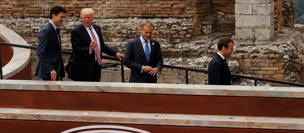 Premijer Kanade Džastin Trudo, predsednik SAD Donald Tramp, predsednik ES Donald Tusk i predsednik Francuske Emanuel Makron na sastanku G7 u Taorminu na Siciliji Premijer Kanade Džastin Trudo, predsednik SAD Donald Tramp, predsednik ES Donald Tusk i predsednik Francuske Emanuel Makron na sastanku G7 u Taorminu na Siciliji - Sputnik Srbija