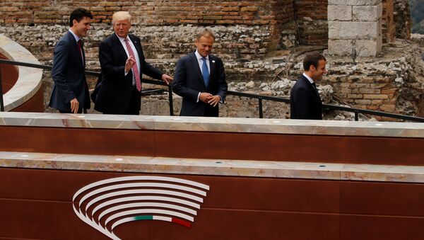 Premijer Kanade Džastin Trudo, predsednik SAD Donald Tramp, predsednik ES Donald Tusk i predsednik Francuske Emanuel Makron na sastanku G7 u Taorminu na Siciliji - Sputnik Srbija