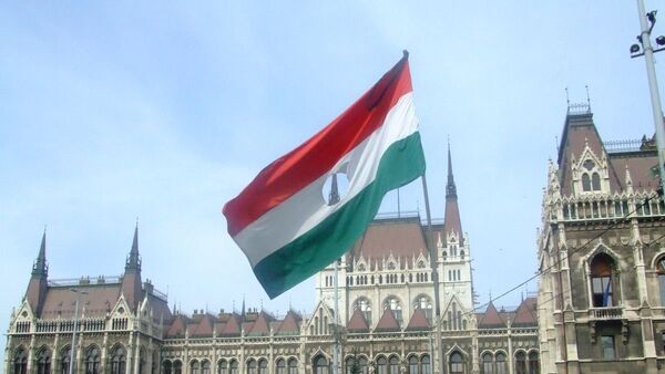 Zastava iz perioda mađarske revolucije 1956. u spomen žrtvama ispred zgrade mađarskog parlamenta - Sputnik Srbija