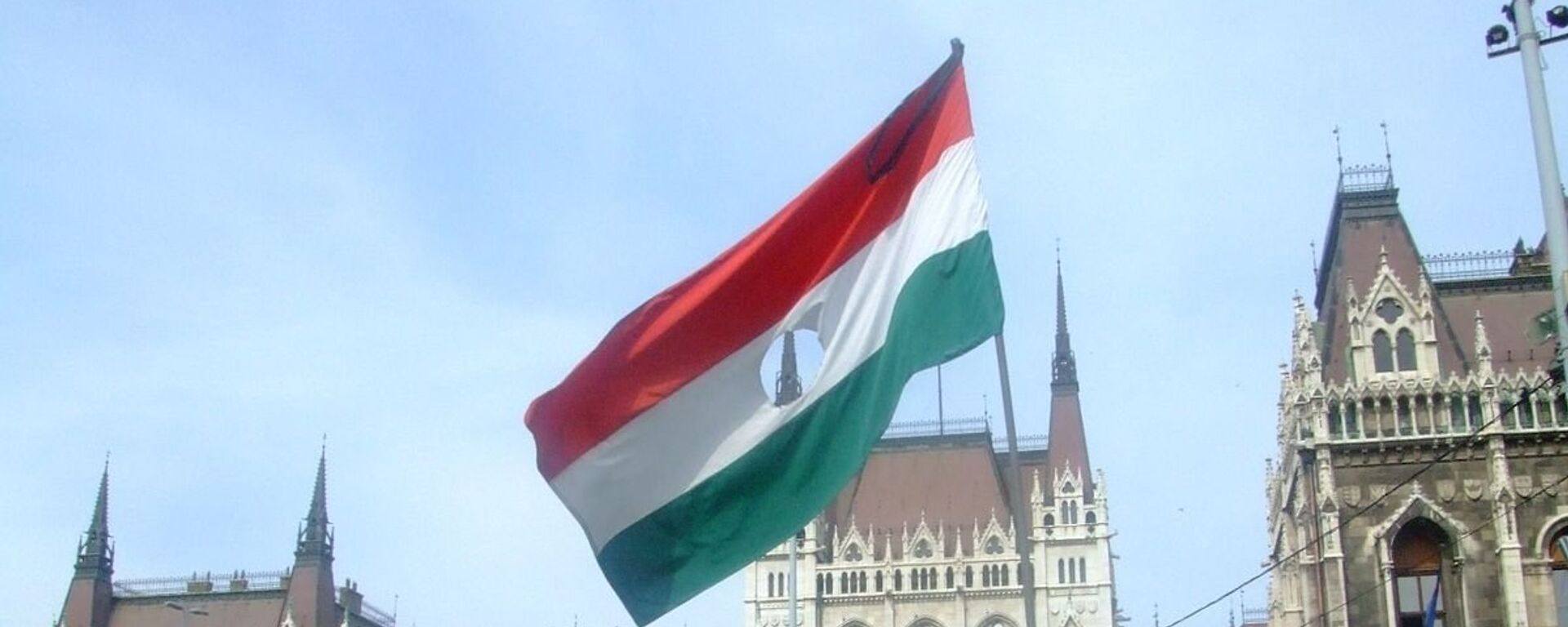 Застава из периода мађарске револуције 1956. у спомен жртвама испред зграде мађарског парламента - Sputnik Србија, 1920, 19.01.2023
