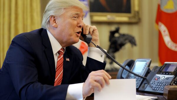Predsednik SAD Donald Tramp tokom telefonskog razgovora sa premijerom Irske Leom Varatkarom - Sputnik Srbija