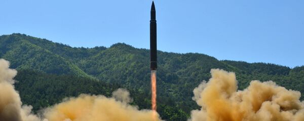 Интерконтинентална балистичка ракета Хвасонг-14 током ракетне пробе у Пјонгјангу - Sputnik Србија
