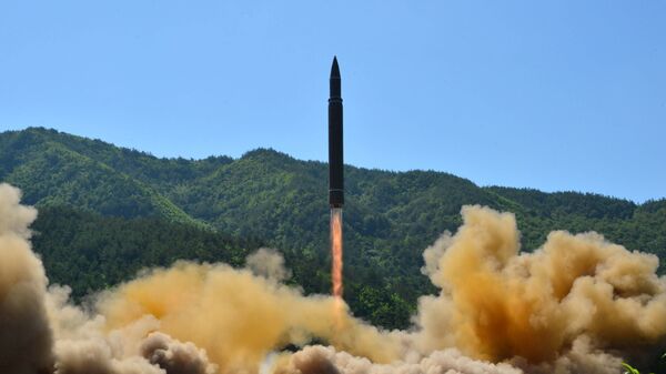 Интерконтинентална балистичка ракета Хвасонг-14 током ракетне пробе у Пјонгјангу - Sputnik Србија
