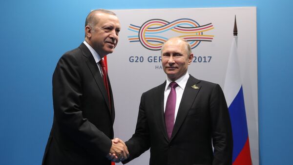 Председник Турске Реџеп Тајип Ердоган и председник Русије Владимир Путин на самиту Г20 у Хамбургу - Sputnik Србија