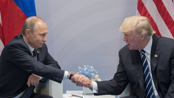 Президент РФ Владимир Путин и президент США Дональд Трамп во время беседы на полях саммита лидеров Группы двадцати G20 в Гамбурге - Sputnik Србија