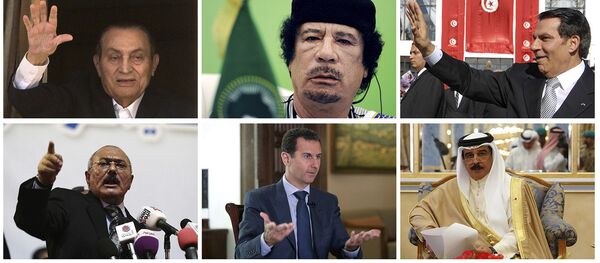 Хосни Мубарак, Моамер Гадафи, Зин ел Абидин ибн Али, Али Абдулах Салех , Башар Асад , Хамад бин Иса al Калифа. - Sputnik Србија