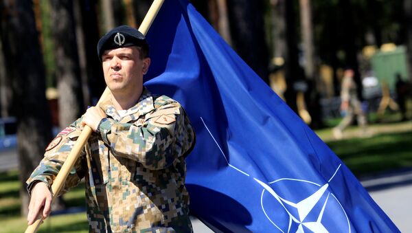 Летонски војник са заставом НАТО-а - Sputnik Србија