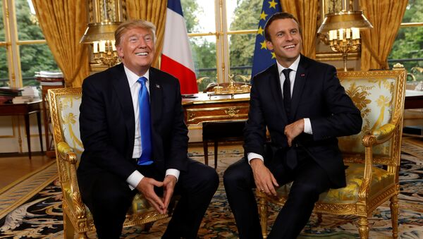 Predsednici SAD i Francuske Donald Tramp i Emanuel Makron u Jelisejskoj palati u Parizu - Sputnik Srbija