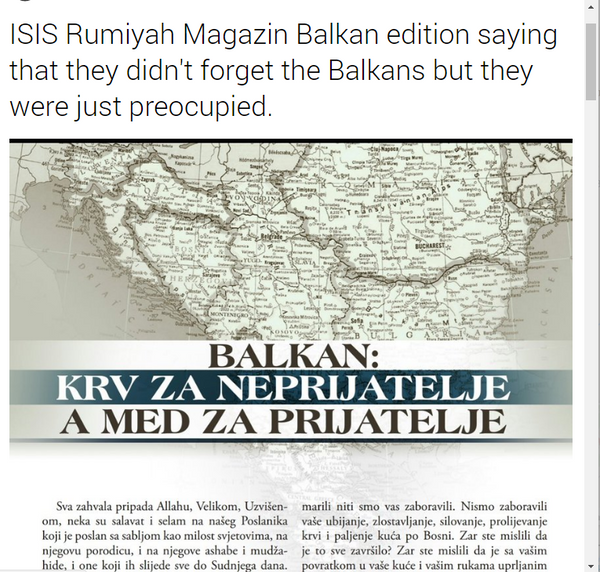 Последње издање ИСИС магазина „Румијах за Балкан, текст под називом „Балкан: Крв за непријатеље, мед за пријатеље Последње издање ИСИС магазина „Румијах за Балкан, текст под називом „Балкан: Крв за непријатеље, мед за пријатеље - Sputnik Србија