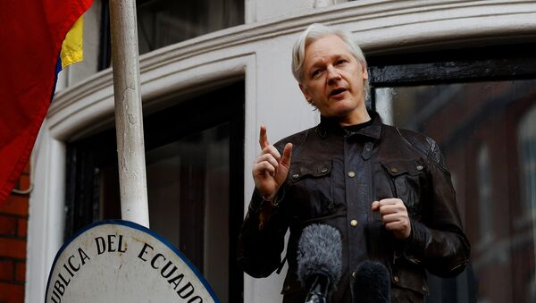 Оснивач Викиликса Џулијан Асанж на балкону амбасаде Еквадора у Лондону - Sputnik Србија