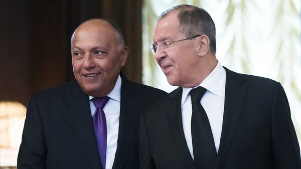 Ministri spoljnih poslova Rusije i Egipta Sergej Lavrov i Sameh Šukri pred početak sastanka u Moskvi - Sputnik Srbija
