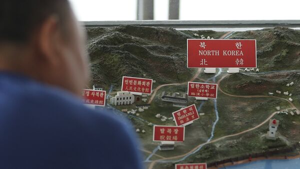 Посетилац гледа карту Северне Кореје у опсерваторији Паџу у Јужној Кореји - Sputnik Србија