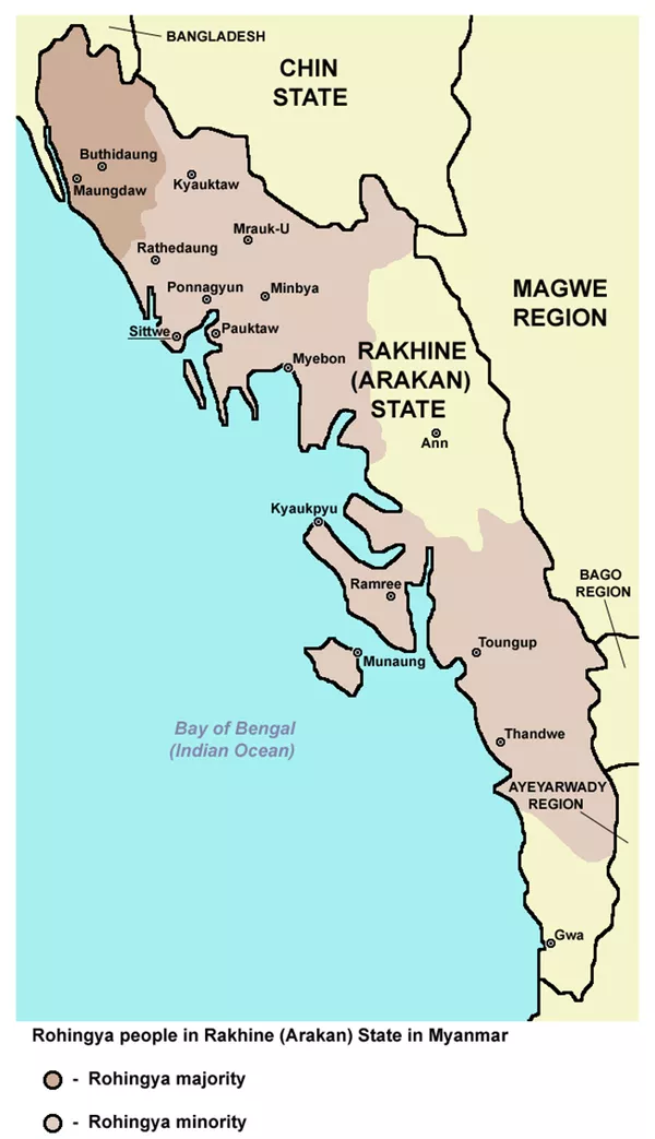 Mapa provincije Rahine u severozapadnom Mjanmaru. Rahinđa narod živi u velikoj većini u oblastima obeleženoj tamno braon bojom. Svetlo braon bojom obeležene su oblasti gde su Rahinđe u manjini. Mapa provincije Rahine u severozapadnom Mjanmaru. Rahinđa narod živi u velikoj većini u oblastima obeleženoj tamno braon bojom. Svetlo braon bojom obeležene su oblasti gde su Rahinđe u manjini. - Sputnik Srbija