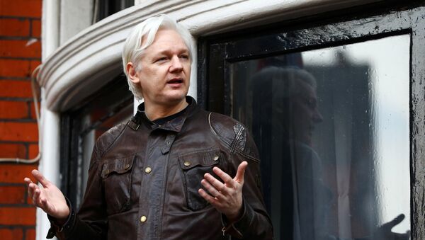 Оснивач Викиликса Џулијан Асанж снимљен на тераси Амбасаде Еквадора у Лондону, 19. маја 2017. - Sputnik Србија