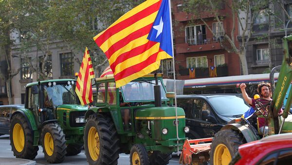 Zemljoradnici voze svoje traktore kroz grad na protestu podrške održavanju referenduma za nezavisnost Katalonije - Sputnik Srbija
