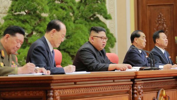 Severnokorejski lider Kim Džong Un na drugom plenumu 7. Centralnog komiteta Radničke partije Koreje u Pjongjangu - Sputnik Srbija
