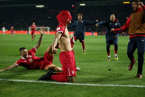 Славље Александра Пријовића после постигнут гола који је одвео Србију на Светско првенство у Русију. - Sputnik Србија