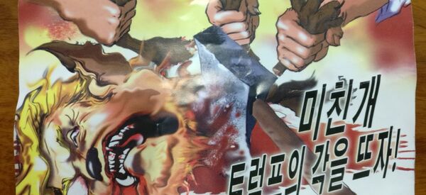 Летак против Трампа, претпоставља се из Северне Кореје, на коме пише За мирни свет и за будућност човечанства (горе) и касапљење лудог пса Трампа. - Sputnik Србија