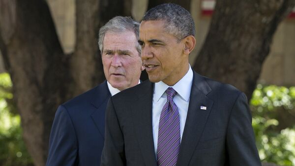Бивши амерички председници Џорџ Буш Млађи и Барак Обама - Sputnik Србија