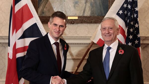 Министри одбране Велике Британије и САД Гавин Вилијамсон и Џејмс Матис на састанку у Лондону - Sputnik Србија
