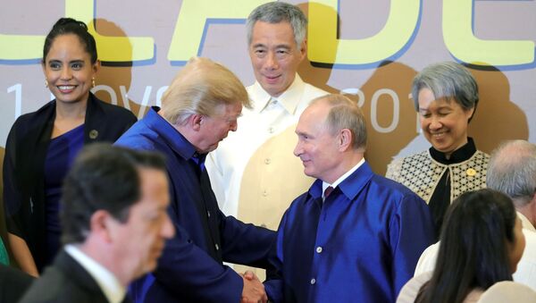 Председник САД и Русије Доналд Трамп и Владимир Путин рукују се на церемонији фотографисања лидера самита АПЕК-а у Вијетнаму - Sputnik Србија