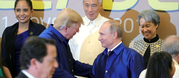Predsednik SAD i Rusije Donald Tramp i Vladimir Putin rukuju se na ceremoniji fotografisanja lidera samita APEK-a u Vijetnamu - Sputnik Srbija