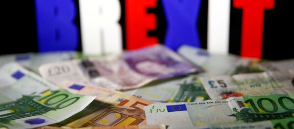 Novčanice evra i funte ispred svetlećeg znaka bregzit - Sputnik Srbija