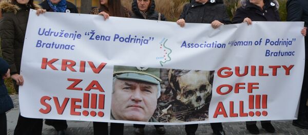 Predstavnici udruženja žrtava i ratnih veterana iz BiH sa transparentima ispred Haškog tribunala Predstavnici udruženja žrtava i ratnih veterana iz BiH sa transparentima ispred Haškog tribunala - Sputnik Srbija