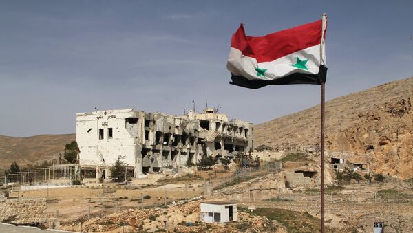 Sirijska zastava ispred porušene kuće u sirijskom gradu Malula, 55 kilometara od Damaska - Sputnik Srbija