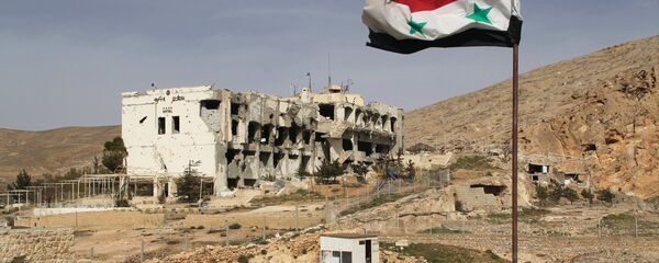 Sirijska zastava ispred porušene kuće u sirijskom gradu Malula, 55 kilometara od Damaska - Sputnik Srbija