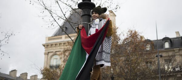 Devojčica nosi palestinsku zastavu na protestima protiv američkog predsednika Donalda Trampa u Parizu Devojčica nosi palestinsku zastavu na protestima protiv američkog predsednika Donalda Trampa u Parizu - Sputnik Srbija