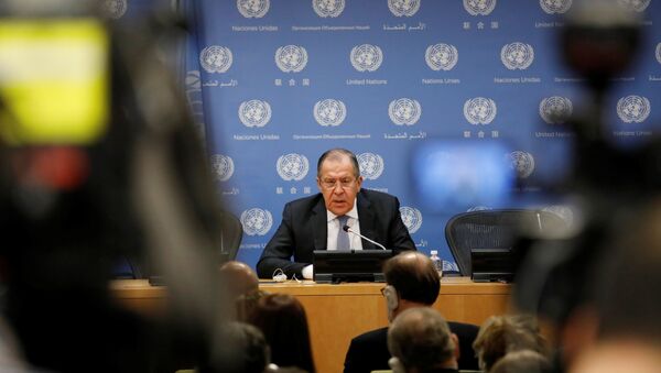 Ministar spoljnih poslova Rusije Sergej Lavrov na konferenciji za medije u Ujedinjenim nacijama u Njujorku - Sputnik Srbija