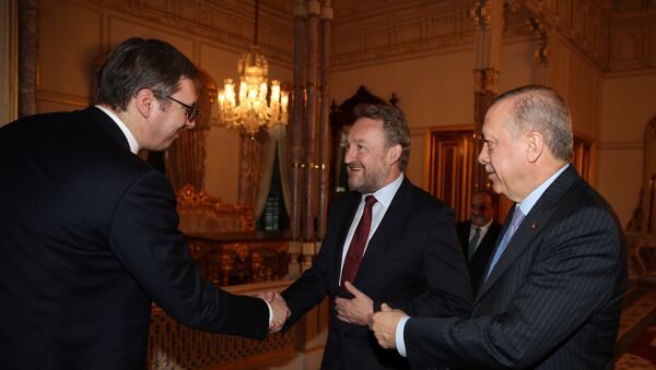 Aleksandar Vučić,  Bakir Izetbegović i Redžep Tajip Erdogan u predsedničkoj palati u Istanbulu - Sputnik Srbija