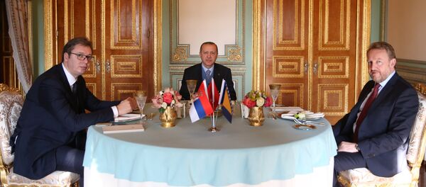 Александар Вучић, Бакир Изетбеговић и Реџеп Тајип Ердоган у председничкој палати у Истанбулу Александар Вучић, Бакир Изетбеговић и Реџеп Тајип Ердоган у председничкој палати у Истанбулу - Sputnik Србија