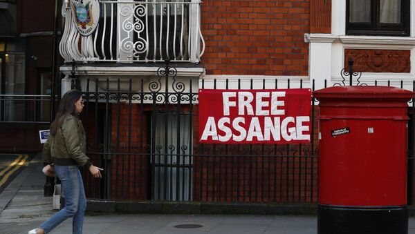 Жена пролази поред знака Ослободите Асанжа на згради амбасаде Еквадора у Лондону - Sputnik Србија