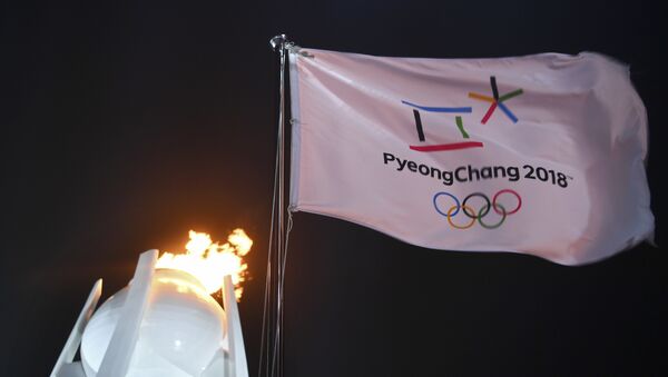 Застава испред олимпијског пламена на церемонији отварања Зимских олимпијских игара у Пјонгчангу - Sputnik Србија