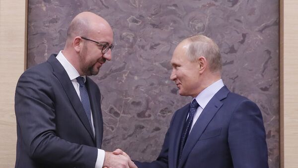 Premijer Belgije Šarl Mišel i predsednik Rusije Vladimir Putin tokom sastanka u Moskvi - Sputnik Srbija